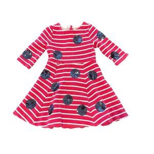Mini Boden Girls Red White Striped Dress Sequin Polka Dots Long Sleeve 4-5 year